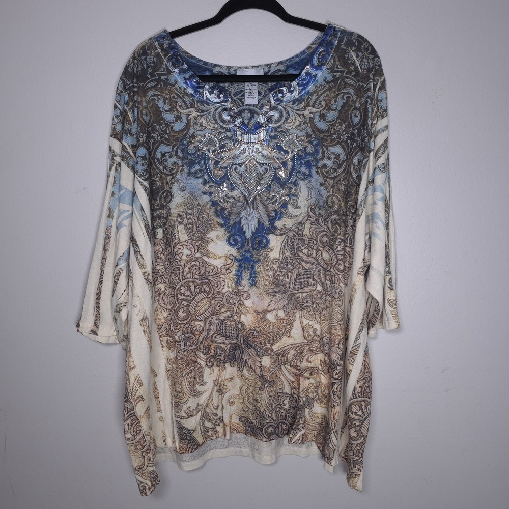 Catherines Womens 4X Cream‎ Blue Assymetrical Hem Top Baroque Design Embellished